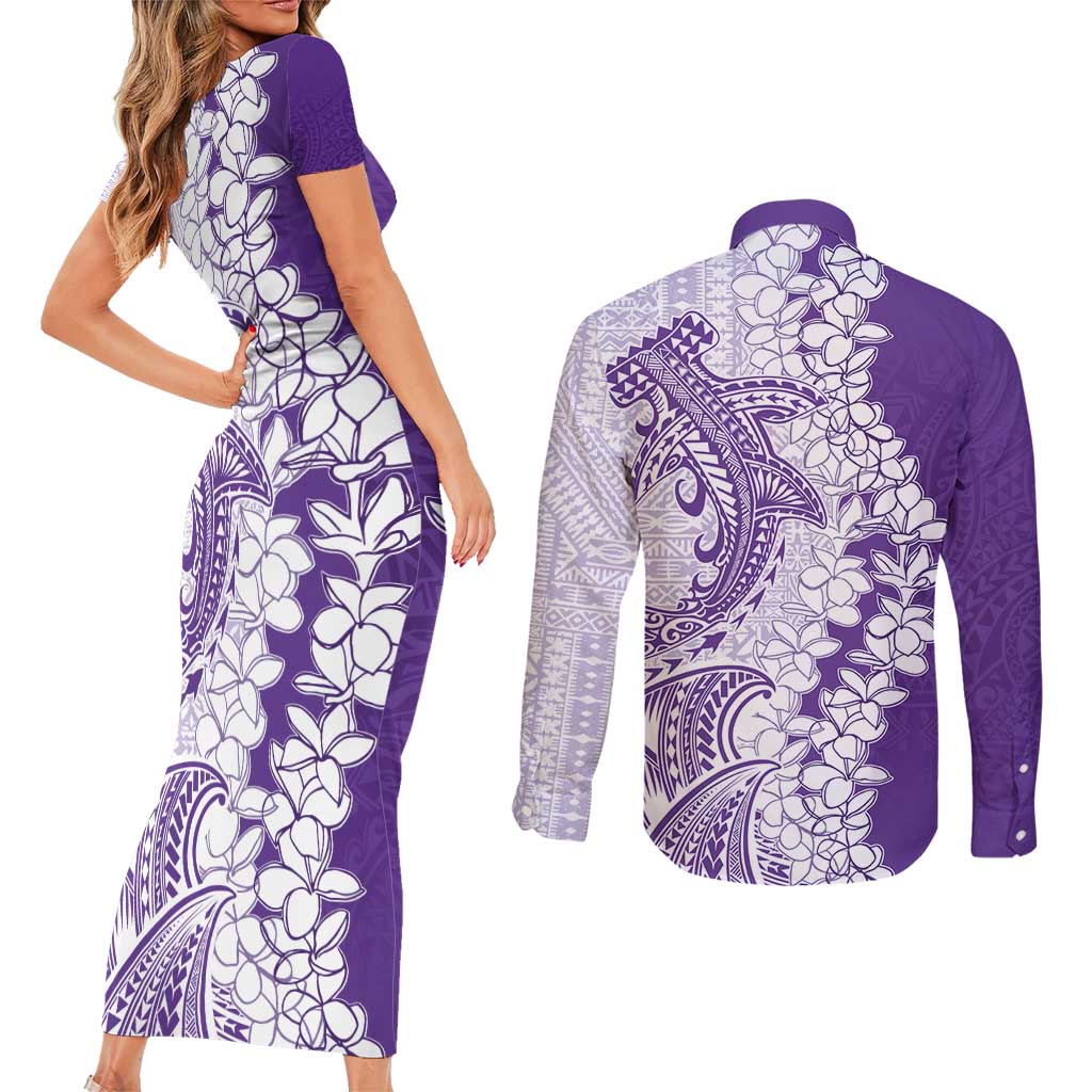 Polynesian Purple Plumeria Lei Couples Matching Short Sleeve Bodycon Dress and Long Sleeve Button Shirt with Hammerhead Shark LT7 - Polynesian Pride