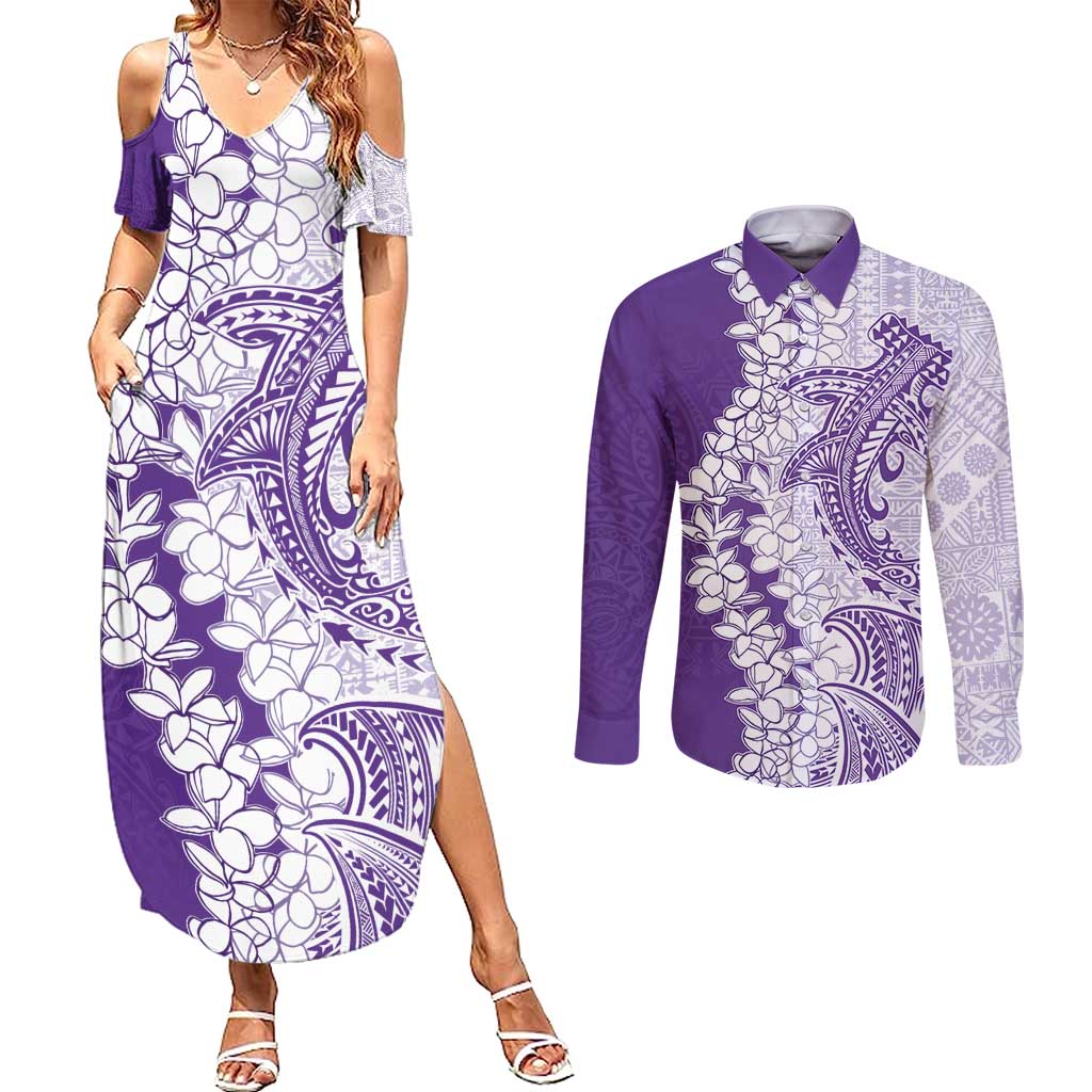 Polynesian Purple Plumeria Lei Couples Matching Summer Maxi Dress and Long Sleeve Button Shirt with Hammerhead Shark LT7 Purple - Polynesian Pride