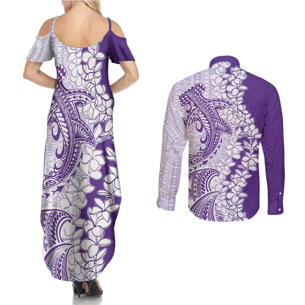 Polynesian Purple Plumeria Lei Couples Matching Summer Maxi Dress and Long Sleeve Button Shirt with Hammerhead Shark LT7 - Polynesian Pride