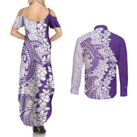Polynesian Purple Plumeria Lei Couples Matching Summer Maxi Dress and Long Sleeve Button Shirt with Hammerhead Shark LT7 - Polynesian Pride