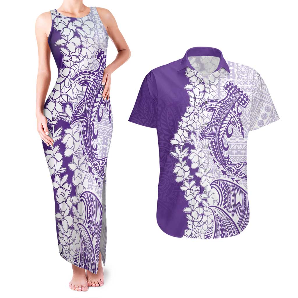 Polynesian Purple Plumeria Lei Couples Matching Tank Maxi Dress and Hawaiian Shirt with Hammerhead Shark LT7 Purple - Polynesian Pride