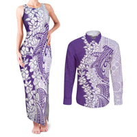 Polynesian Purple Plumeria Lei Couples Matching Tank Maxi Dress and Long Sleeve Button Shirt with Hammerhead Shark LT7 Purple - Polynesian Pride