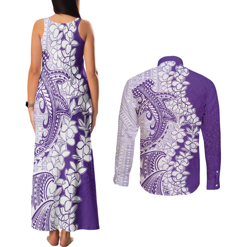 Polynesian Purple Plumeria Lei Couples Matching Tank Maxi Dress and Long Sleeve Button Shirt with Hammerhead Shark LT7 - Polynesian Pride