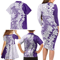 Polynesian Purple Plumeria Lei Family Matching Long Sleeve Bodycon Dress and Hawaiian Shirt with Hammerhead Shark LT7 - Polynesian Pride