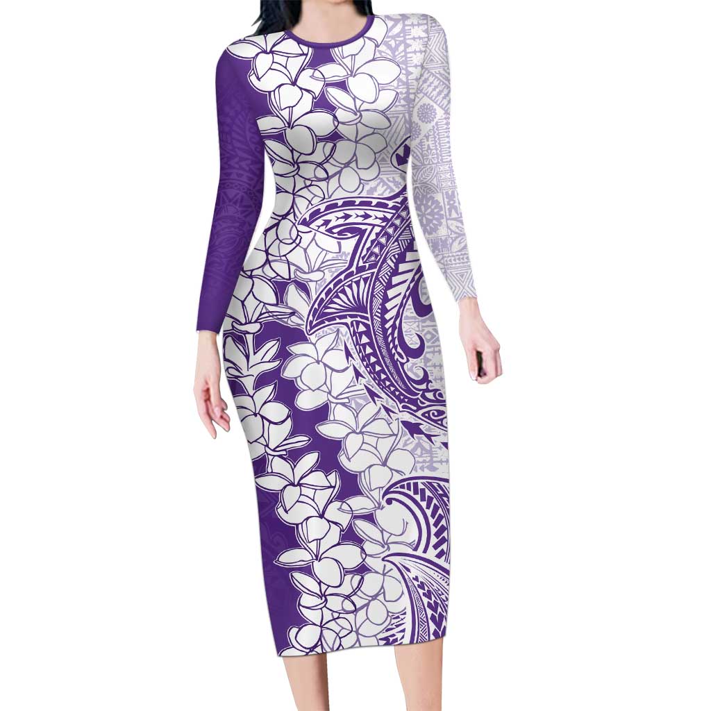 Polynesian Purple Plumeria Lei Family Matching Long Sleeve Bodycon Dress and Hawaiian Shirt with Hammerhead Shark LT7 Mom's Dress Purple - Polynesian Pride