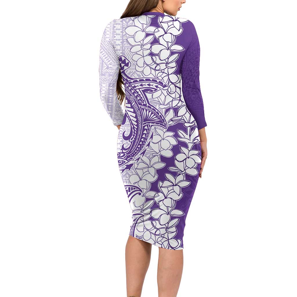 Polynesian Purple Plumeria Lei Family Matching Long Sleeve Bodycon Dress and Hawaiian Shirt with Hammerhead Shark LT7 - Polynesian Pride