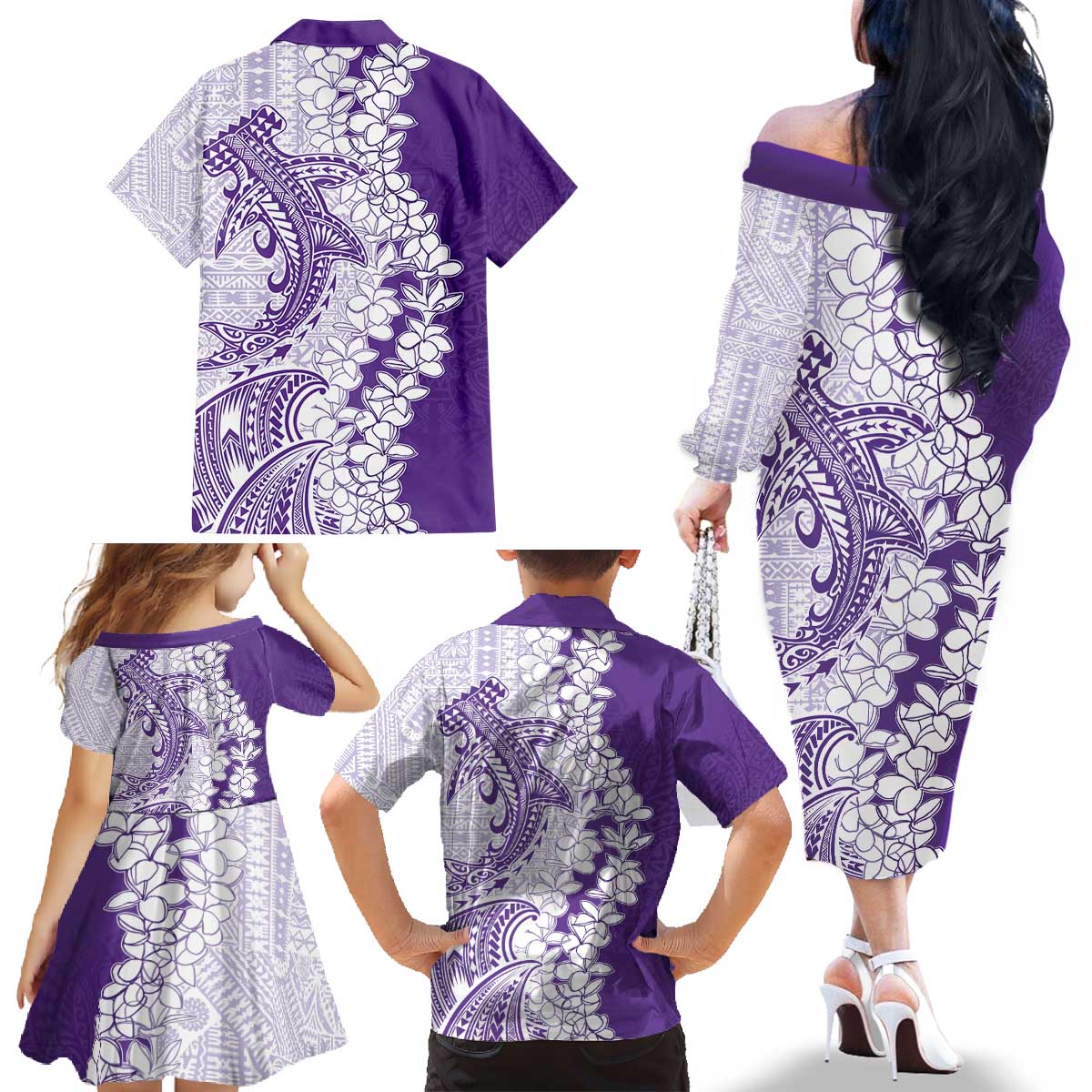 Polynesian Purple Plumeria Lei Family Matching Off The Shoulder Long Sleeve Dress and Hawaiian Shirt with Hammerhead Shark LT7 - Polynesian Pride