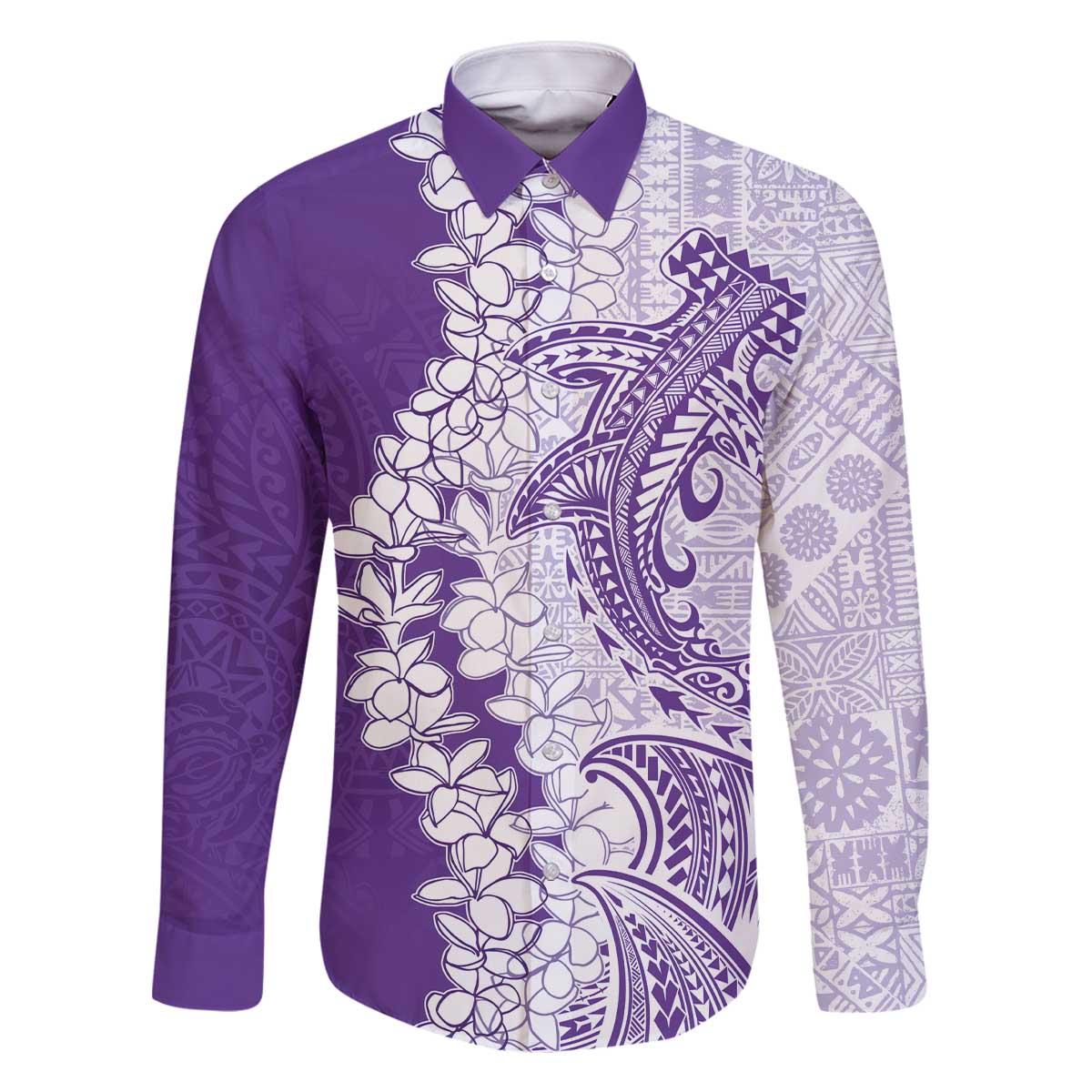 Polynesian Purple Plumeria Lei Family Matching Off The Shoulder Long Sleeve Dress and Hawaiian Shirt with Hammerhead Shark LT7 Dad's Shirt - Long Sleeve Purple - Polynesian Pride