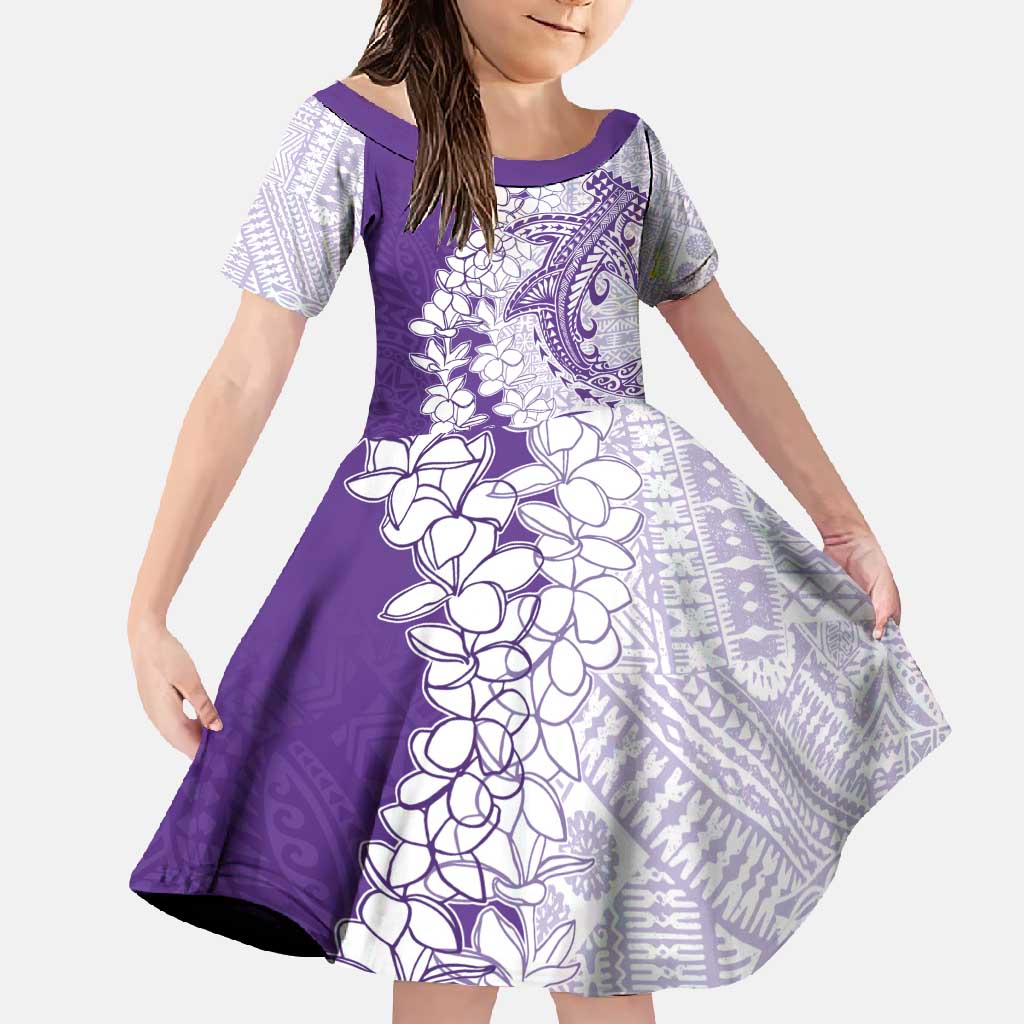 Polynesian Purple Plumeria Lei Family Matching Off Shoulder Maxi Dress and Hawaiian Shirt with Hammerhead Shark LT7 Daughter's Dress Purple - Polynesian Pride