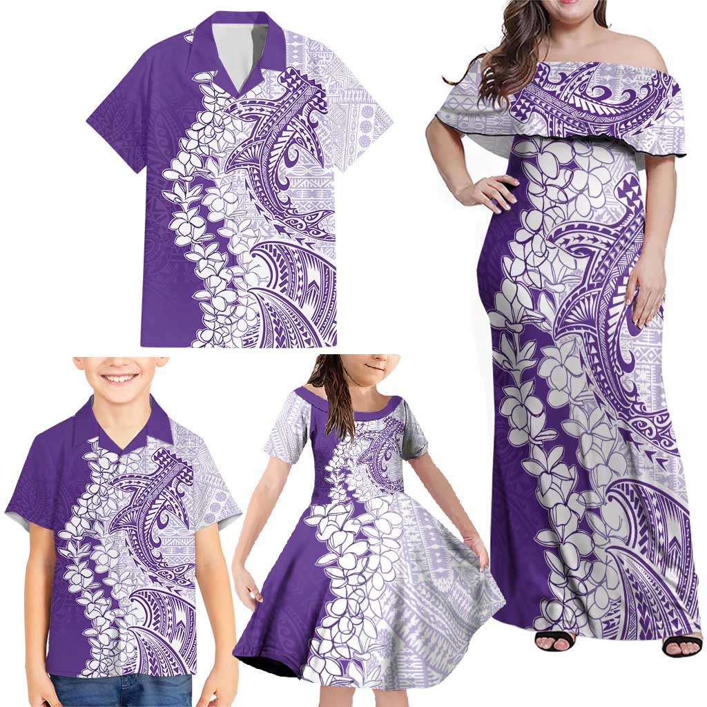 Polynesian Purple Plumeria Lei Family Matching Off Shoulder Maxi Dress and Hawaiian Shirt with Hammerhead Shark LT7 - Polynesian Pride