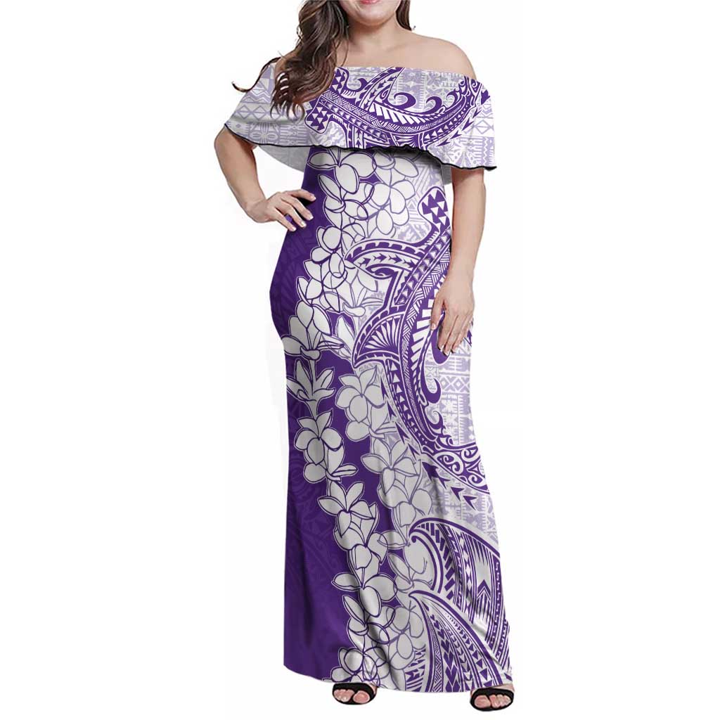 Polynesian Purple Plumeria Lei Family Matching Off Shoulder Maxi Dress and Hawaiian Shirt with Hammerhead Shark LT7 Mom's Dress Purple - Polynesian Pride