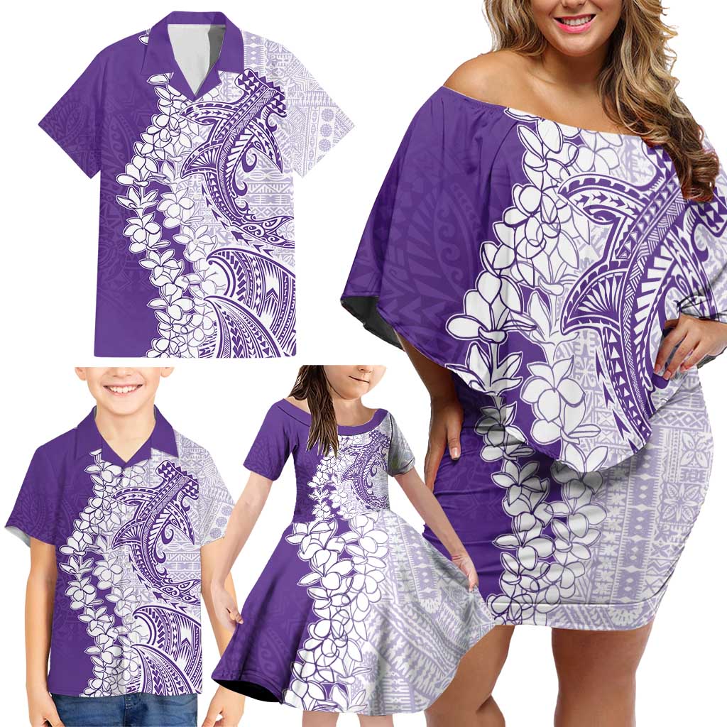 Polynesian Purple Plumeria Lei Family Matching Off Shoulder Short Dress and Hawaiian Shirt with Hammerhead Shark LT7 - Polynesian Pride