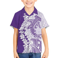 Polynesian Purple Plumeria Lei Family Matching Off Shoulder Short Dress and Hawaiian Shirt with Hammerhead Shark LT7 Son's Shirt Purple - Polynesian Pride