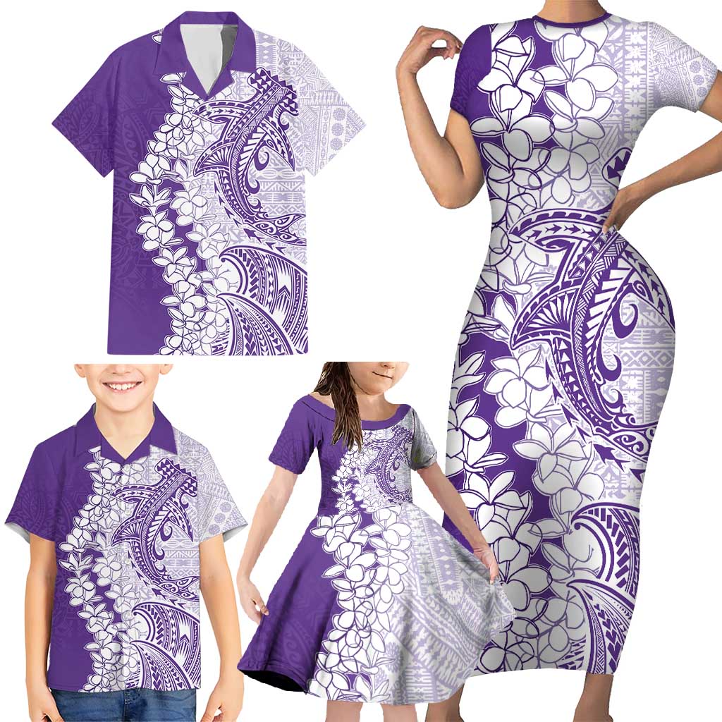 Polynesian Purple Plumeria Lei Family Matching Short Sleeve Bodycon Dress and Hawaiian Shirt with Hammerhead Shark LT7 - Polynesian Pride