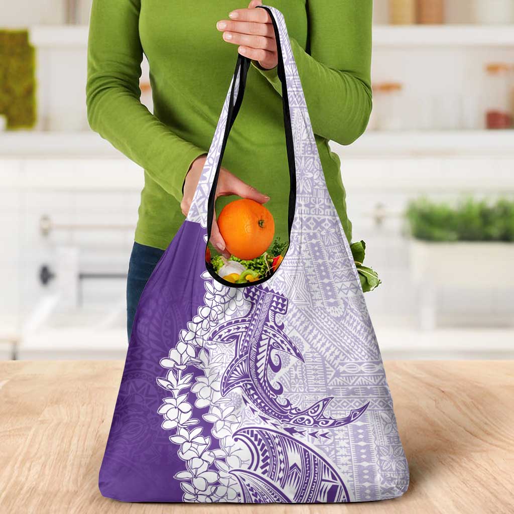 Polynesian Purple Plumeria Lei Grocery Bag with Hammerhead Shark