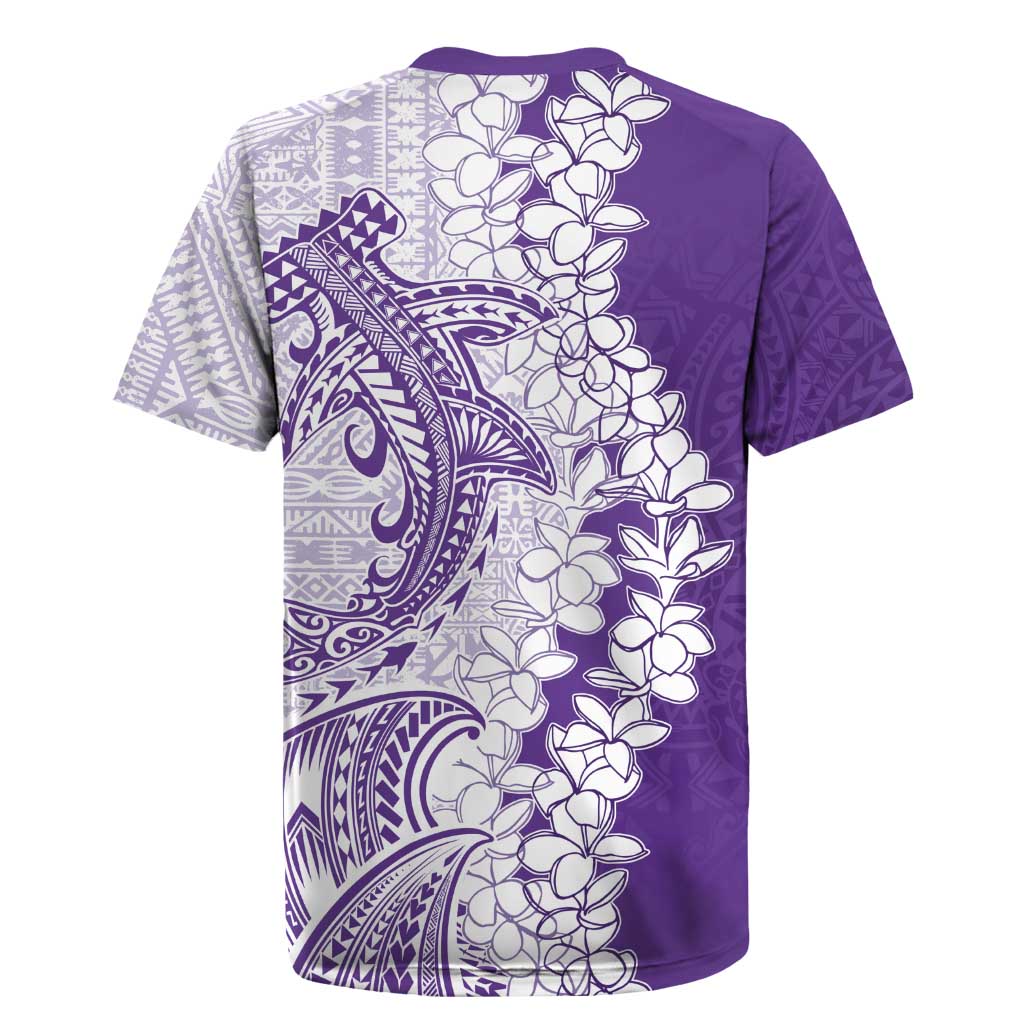 Polynesian Purple Plumeria Lei Rugby Jersey with Hammerhead Shark