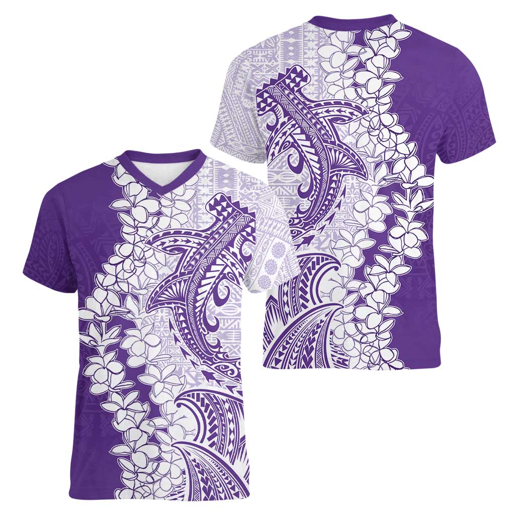 Polynesian Purple Plumeria Lei Women V-Neck T-Shirt with Hammerhead Shark LT7 - Polynesian Pride