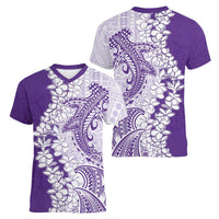 Polynesian Purple Plumeria Lei Women V-Neck T-Shirt with Hammerhead Shark LT7 - Polynesian Pride