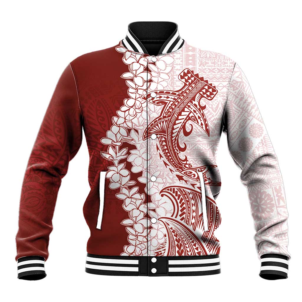 Polynesian Crimson Plumeria Lei Baseball Jacket with Hammerhead Shark