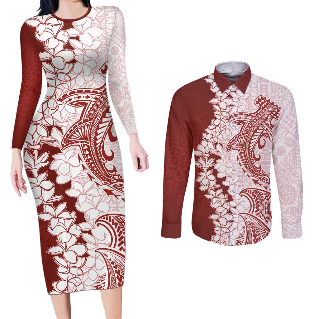 Polynesian Crimson Plumeria Lei Couples Matching Long Sleeve Bodycon Dress and Long Sleeve Button Shirt with Hammerhead Shark LT7 Red - Polynesian Pride