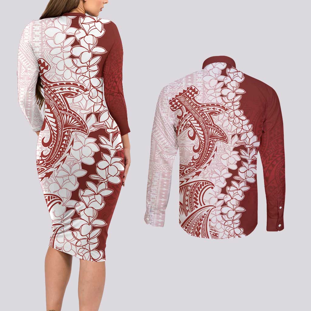 Polynesian Crimson Plumeria Lei Couples Matching Long Sleeve Bodycon Dress and Long Sleeve Button Shirt with Hammerhead Shark LT7 - Polynesian Pride