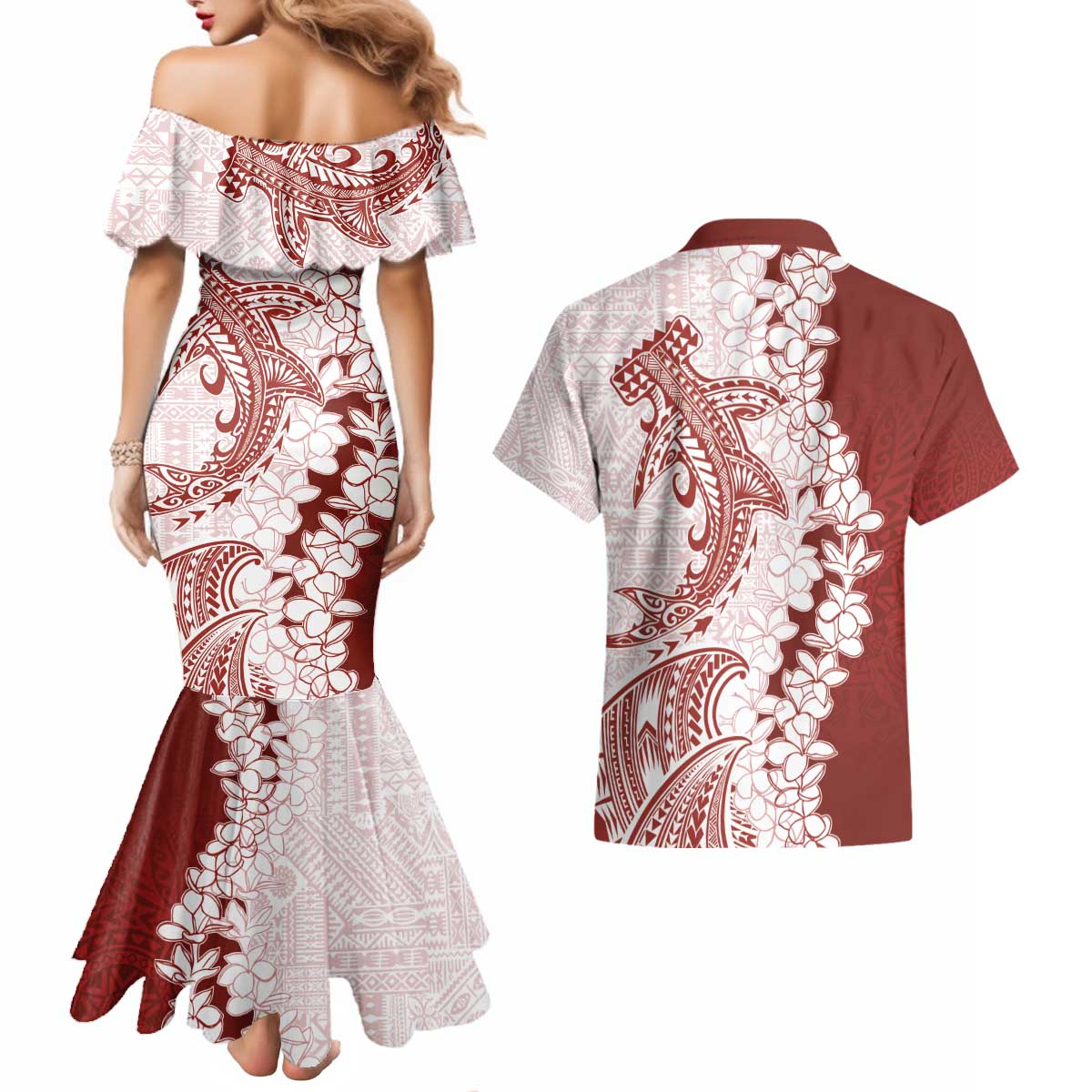 Polynesian Crimson Plumeria Lei Couples Matching Mermaid Dress and Hawaiian Shirt with Hammerhead Shark LT7 - Polynesian Pride