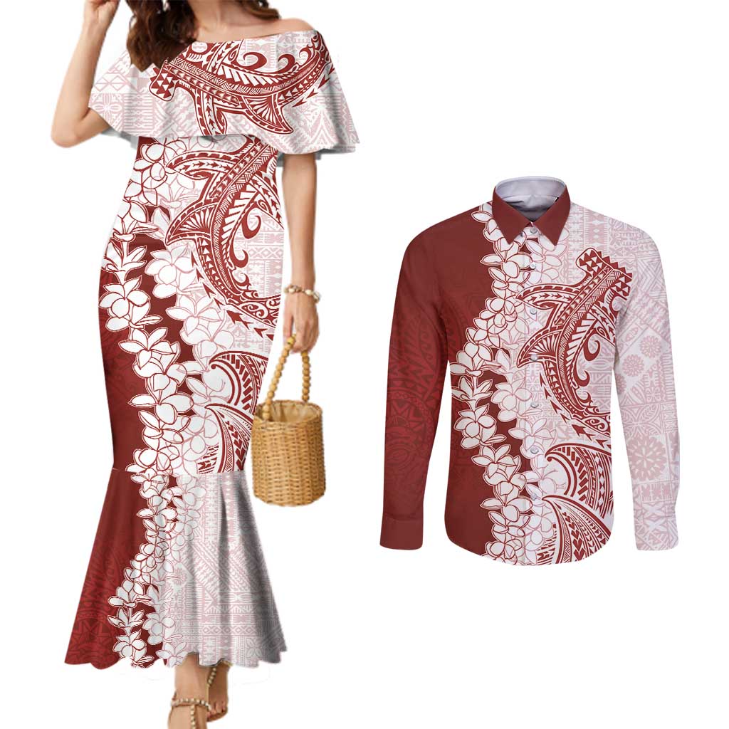 Polynesian Crimson Plumeria Lei Couples Matching Mermaid Dress and Long Sleeve Button Shirt with Hammerhead Shark LT7 Red - Polynesian Pride