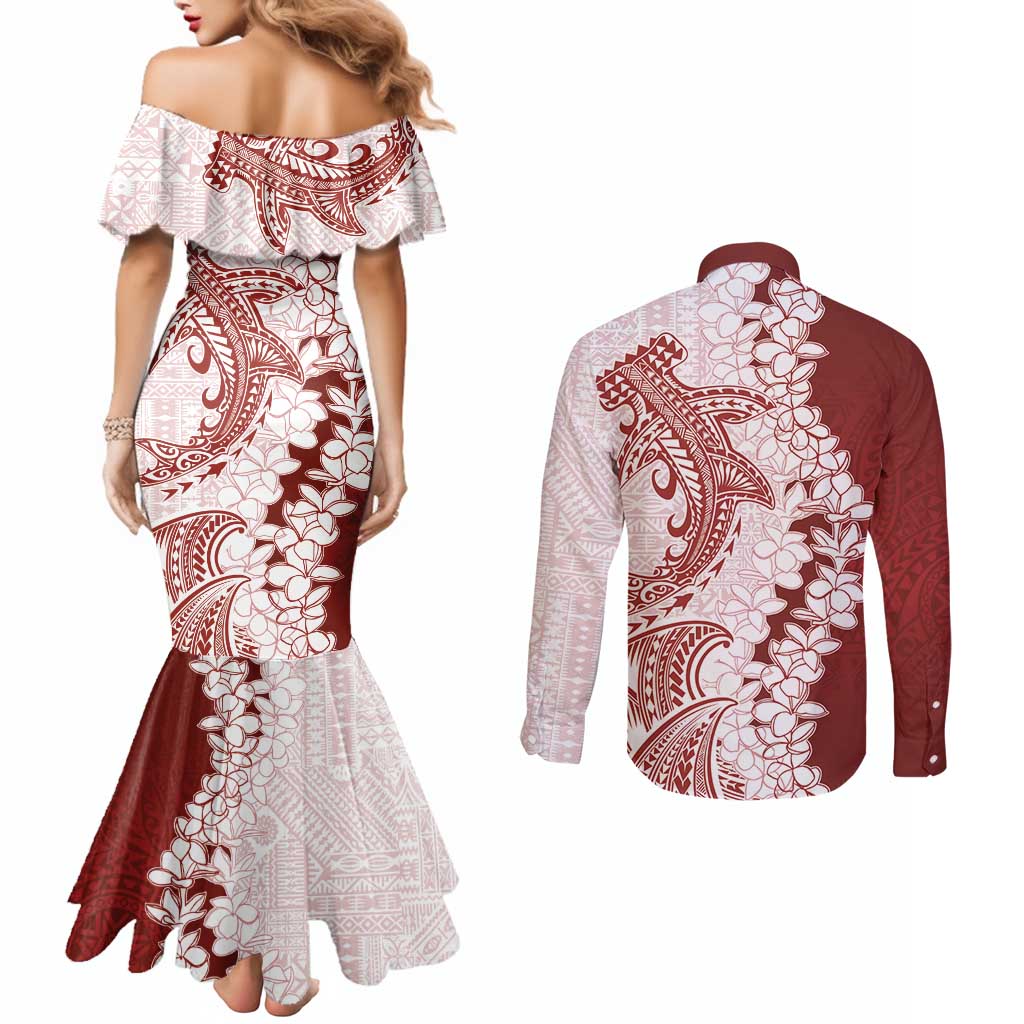 Polynesian Crimson Plumeria Lei Couples Matching Mermaid Dress and Long Sleeve Button Shirt with Hammerhead Shark LT7 - Polynesian Pride