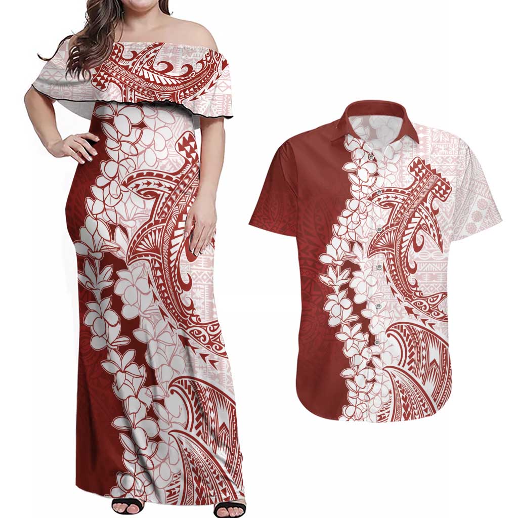 Polynesian Crimson Plumeria Lei Couples Matching Off Shoulder Maxi Dress and Hawaiian Shirt with Hammerhead Shark LT7 Red - Polynesian Pride