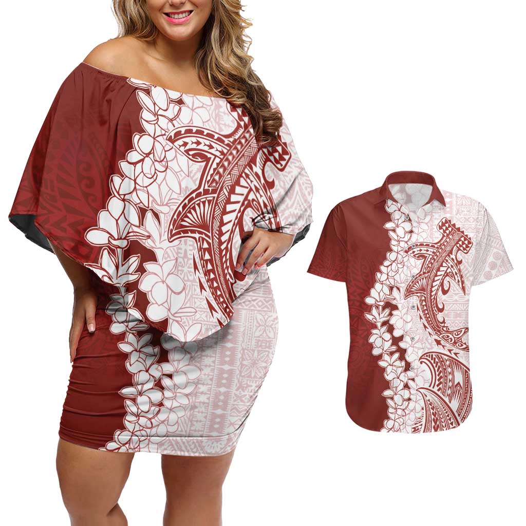 Polynesian Crimson Plumeria Lei Couples Matching Off Shoulder Short Dress and Hawaiian Shirt with Hammerhead Shark LT7 Red - Polynesian Pride
