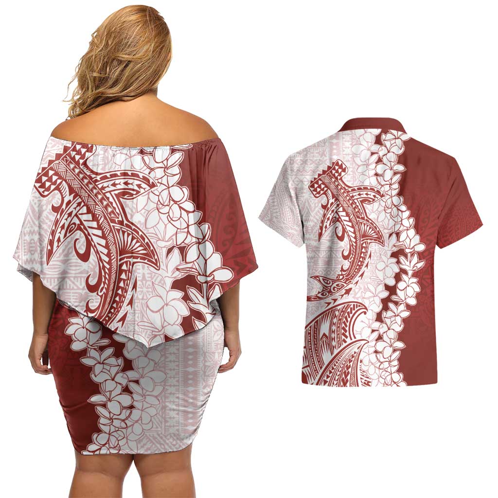 Polynesian Crimson Plumeria Lei Couples Matching Off Shoulder Short Dress and Hawaiian Shirt with Hammerhead Shark LT7 - Polynesian Pride