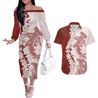 Polynesian Crimson Plumeria Lei Couples Matching Off The Shoulder Long Sleeve Dress and Hawaiian Shirt with Hammerhead Shark LT7 Red - Polynesian Pride