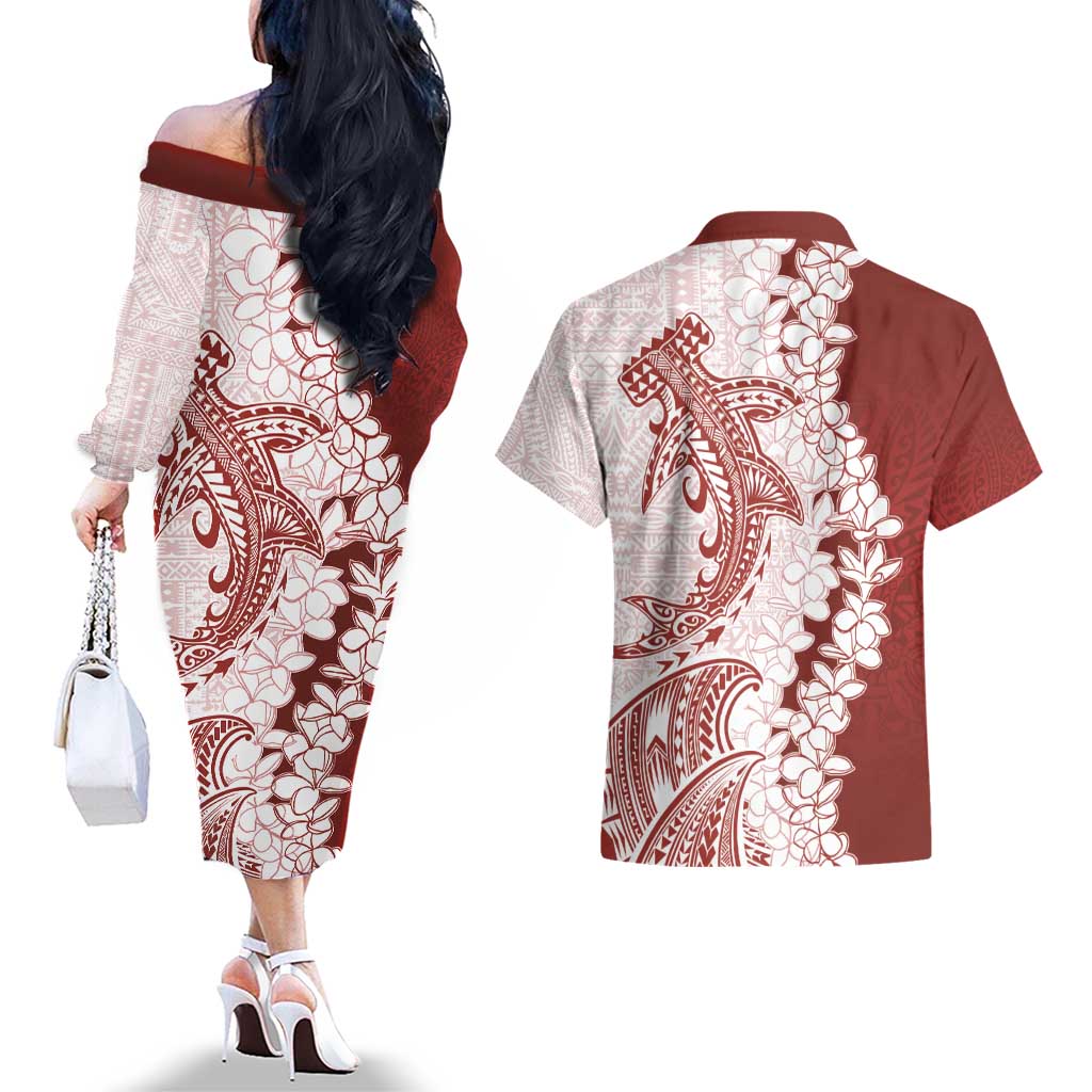 Polynesian Crimson Plumeria Lei Couples Matching Off The Shoulder Long Sleeve Dress and Hawaiian Shirt with Hammerhead Shark LT7 - Polynesian Pride