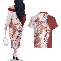 Polynesian Crimson Plumeria Lei Couples Matching Off The Shoulder Long Sleeve Dress and Hawaiian Shirt with Hammerhead Shark LT7 - Polynesian Pride