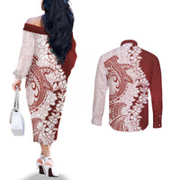 Polynesian Crimson Plumeria Lei Couples Matching Off The Shoulder Long Sleeve Dress and Long Sleeve Button Shirt with Hammerhead Shark LT7 - Polynesian Pride
