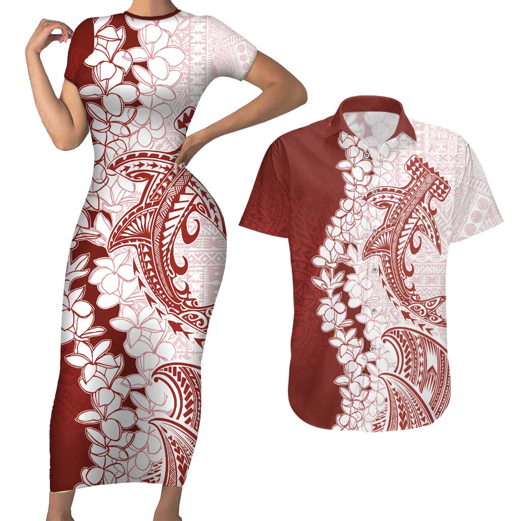 Polynesian Crimson Plumeria Lei Couples Matching Short Sleeve Bodycon Dress and Hawaiian Shirt with Hammerhead Shark LT7 Red - Polynesian Pride