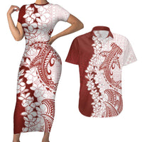 Polynesian Crimson Plumeria Lei Couples Matching Short Sleeve Bodycon Dress and Hawaiian Shirt with Hammerhead Shark LT7 Red - Polynesian Pride