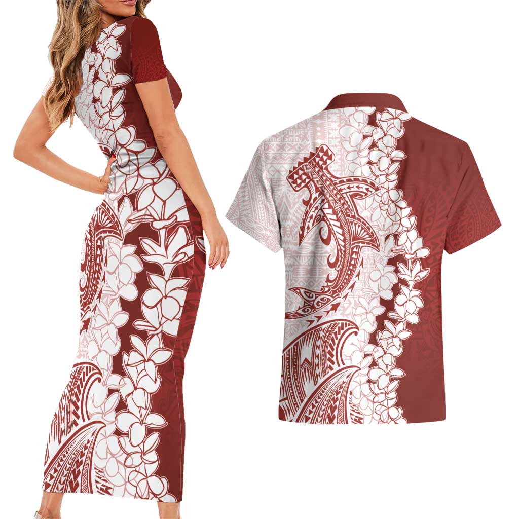 Polynesian Crimson Plumeria Lei Couples Matching Short Sleeve Bodycon Dress and Hawaiian Shirt with Hammerhead Shark LT7 - Polynesian Pride