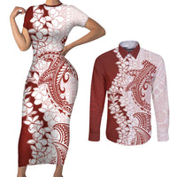 Polynesian Crimson Plumeria Lei Couples Matching Short Sleeve Bodycon Dress and Long Sleeve Button Shirt with Hammerhead Shark LT7 Red - Polynesian Pride