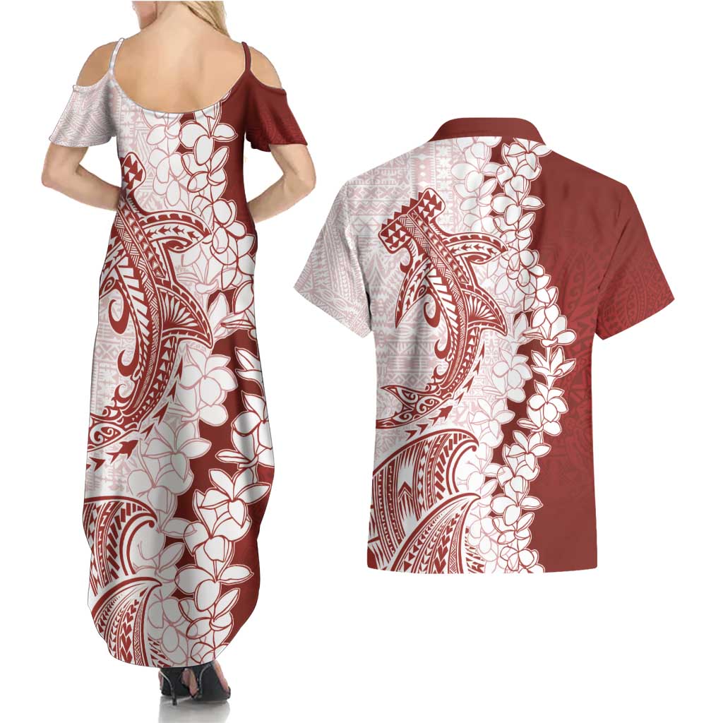 Polynesian Crimson Plumeria Lei Couples Matching Summer Maxi Dress and Hawaiian Shirt with Hammerhead Shark LT7 - Polynesian Pride