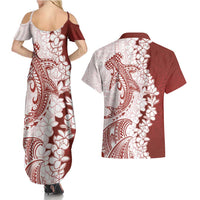 Polynesian Crimson Plumeria Lei Couples Matching Summer Maxi Dress and Hawaiian Shirt with Hammerhead Shark LT7 - Polynesian Pride