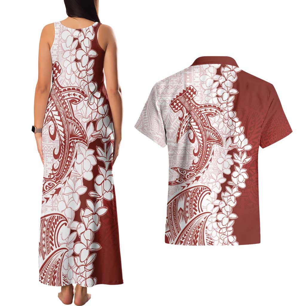 Polynesian Crimson Plumeria Lei Couples Matching Tank Maxi Dress and Hawaiian Shirt with Hammerhead Shark LT7 - Polynesian Pride