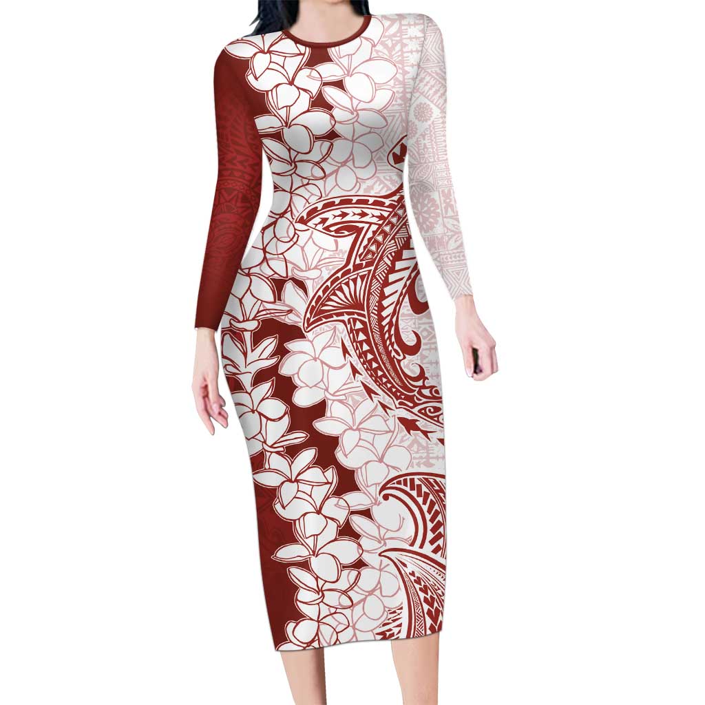 Polynesian Crimson Plumeria Lei Family Matching Long Sleeve Bodycon Dress and Hawaiian Shirt with Hammerhead Shark LT7 Mom's Dress Red - Polynesian Pride