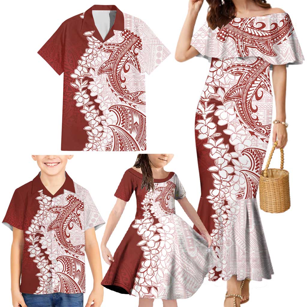 Polynesian Crimson Plumeria Lei Family Matching Mermaid Dress and Hawaiian Shirt with Hammerhead Shark LT7 - Polynesian Pride