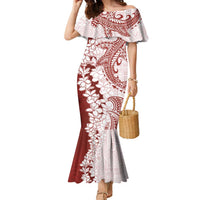 Polynesian Crimson Plumeria Lei Family Matching Mermaid Dress and Hawaiian Shirt with Hammerhead Shark LT7 Mom's Dress Red - Polynesian Pride