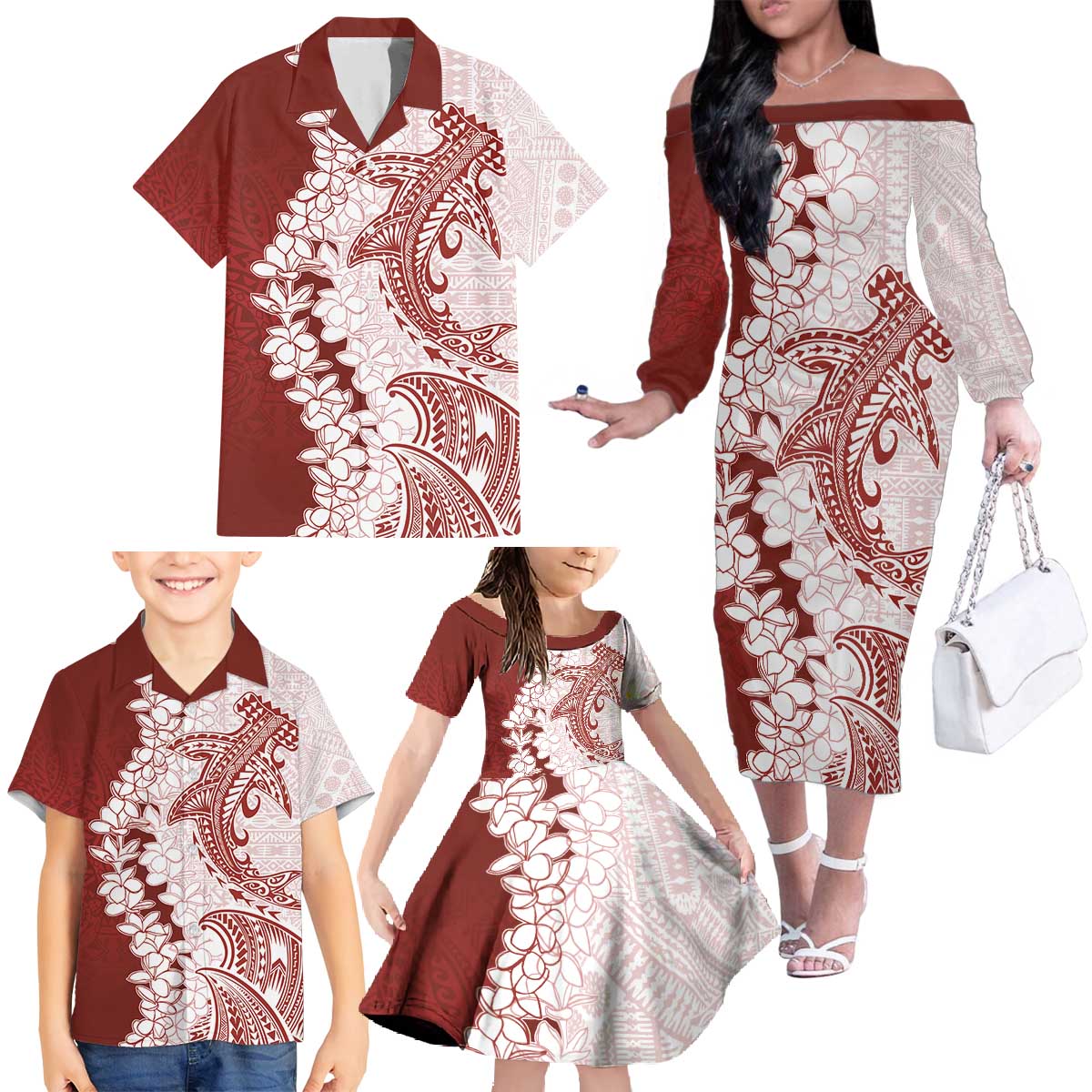 Polynesian Crimson Plumeria Lei Family Matching Off The Shoulder Long Sleeve Dress and Hawaiian Shirt with Hammerhead Shark LT7 - Polynesian Pride