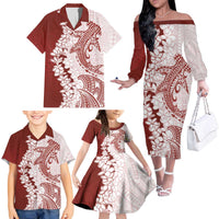 Polynesian Crimson Plumeria Lei Family Matching Off The Shoulder Long Sleeve Dress and Hawaiian Shirt with Hammerhead Shark LT7 - Polynesian Pride