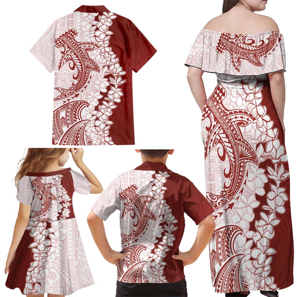Polynesian Crimson Plumeria Lei Family Matching Off Shoulder Maxi Dress and Hawaiian Shirt with Hammerhead Shark LT7 - Polynesian Pride