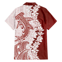 Polynesian Crimson Plumeria Lei Family Matching Off Shoulder Maxi Dress and Hawaiian Shirt with Hammerhead Shark LT7 - Polynesian Pride