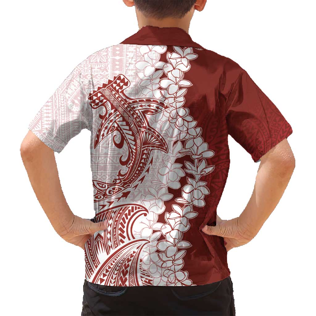 Polynesian Crimson Plumeria Lei Family Matching Off Shoulder Short Dress and Hawaiian Shirt with Hammerhead Shark LT7 - Polynesian Pride